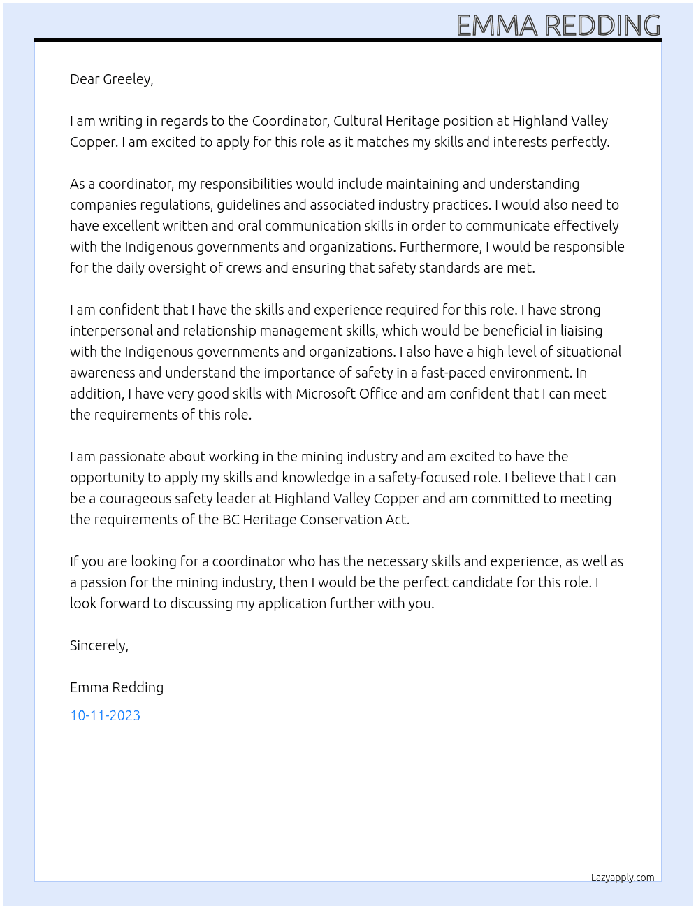 coordinator, cultural heritage  At Highland Valley Copper Cover Letter