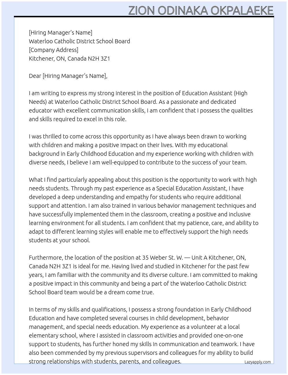Education Assistant (High Needs)  At Waterloo Catholic District School Board Cover Letter