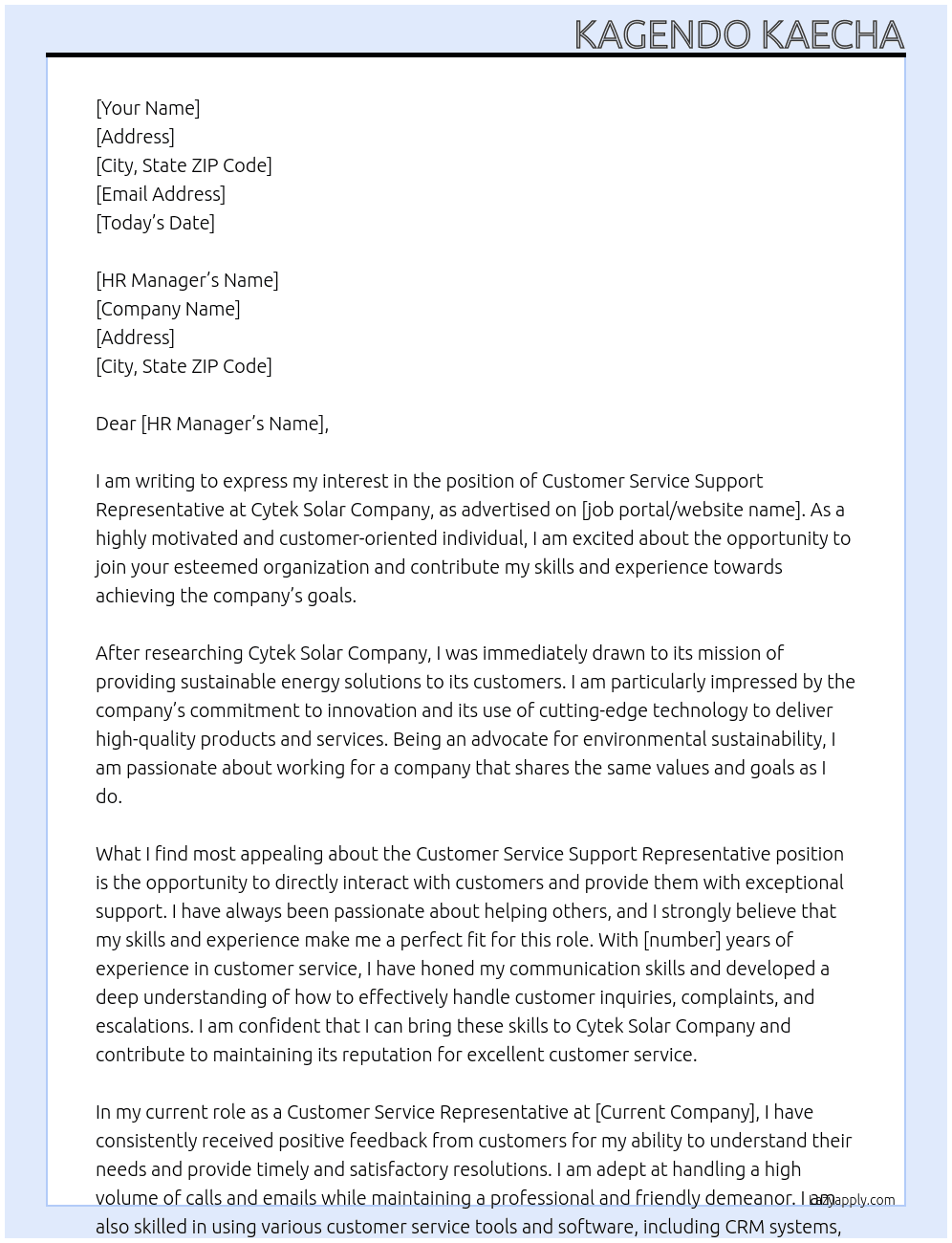 Customer Service Support Representative At Cytek Solar Company Cover Letter