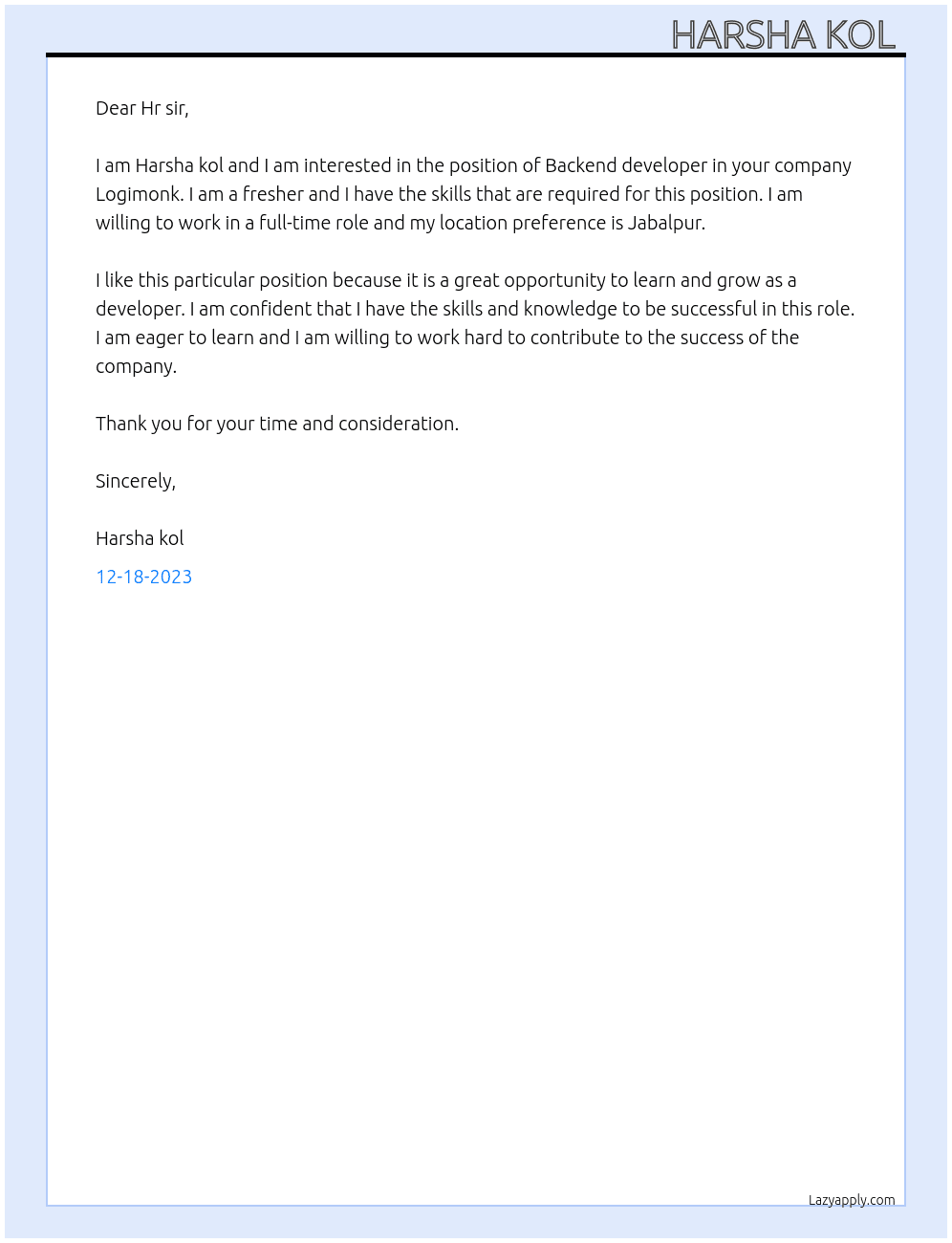 Backend developer  At Logimonk  Cover Letter