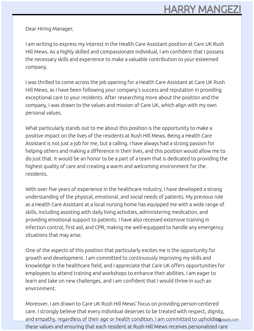 Health Care Assistant At Care UK Rush Hill Mews Cover Letter