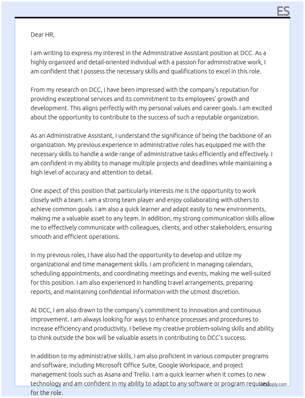 Administrative assiatant At Dcc Cover Letter