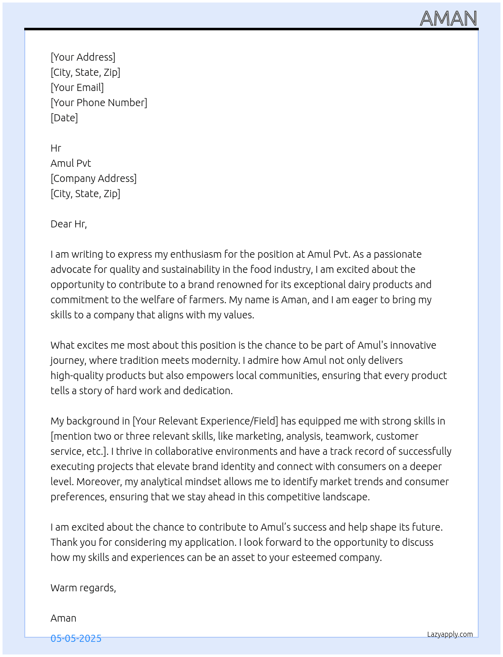Amul At Amul pvt Cover Letter