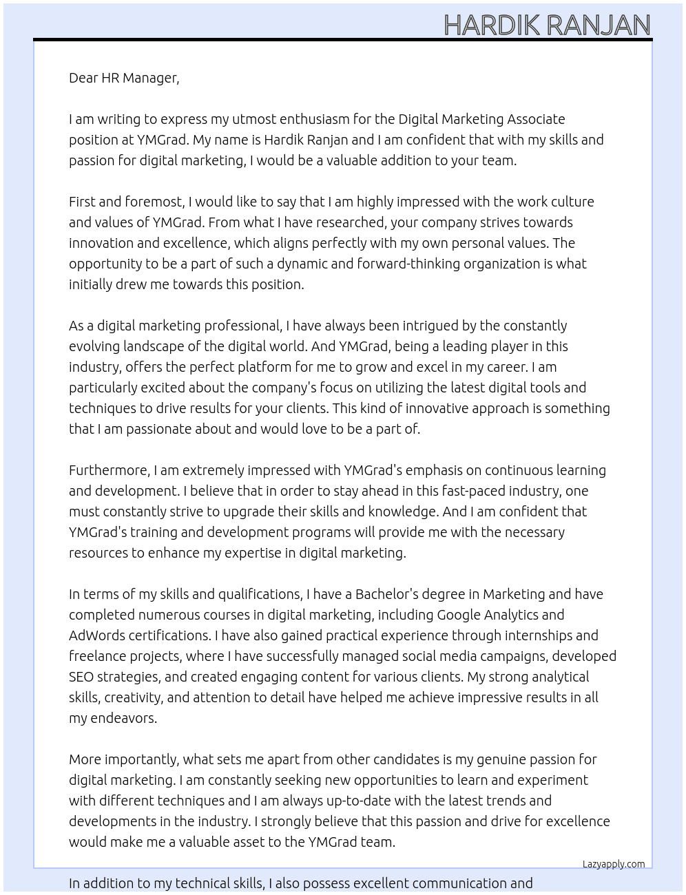 Digital Marketing Associate  At YMGrad Cover Letter