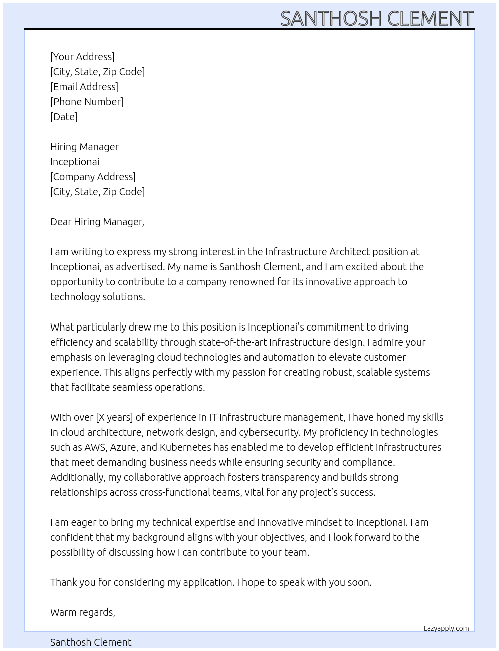 Infrastructure Architect At Inceptionai Cover Letter