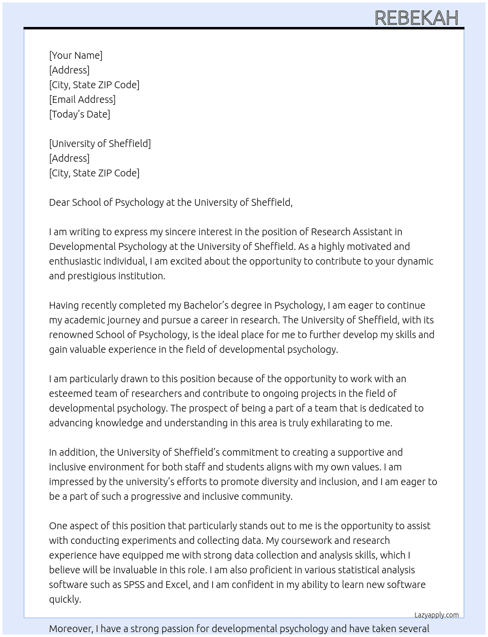 Research Assistant in Developmental Psychology At University of Sheffield Cover Letter