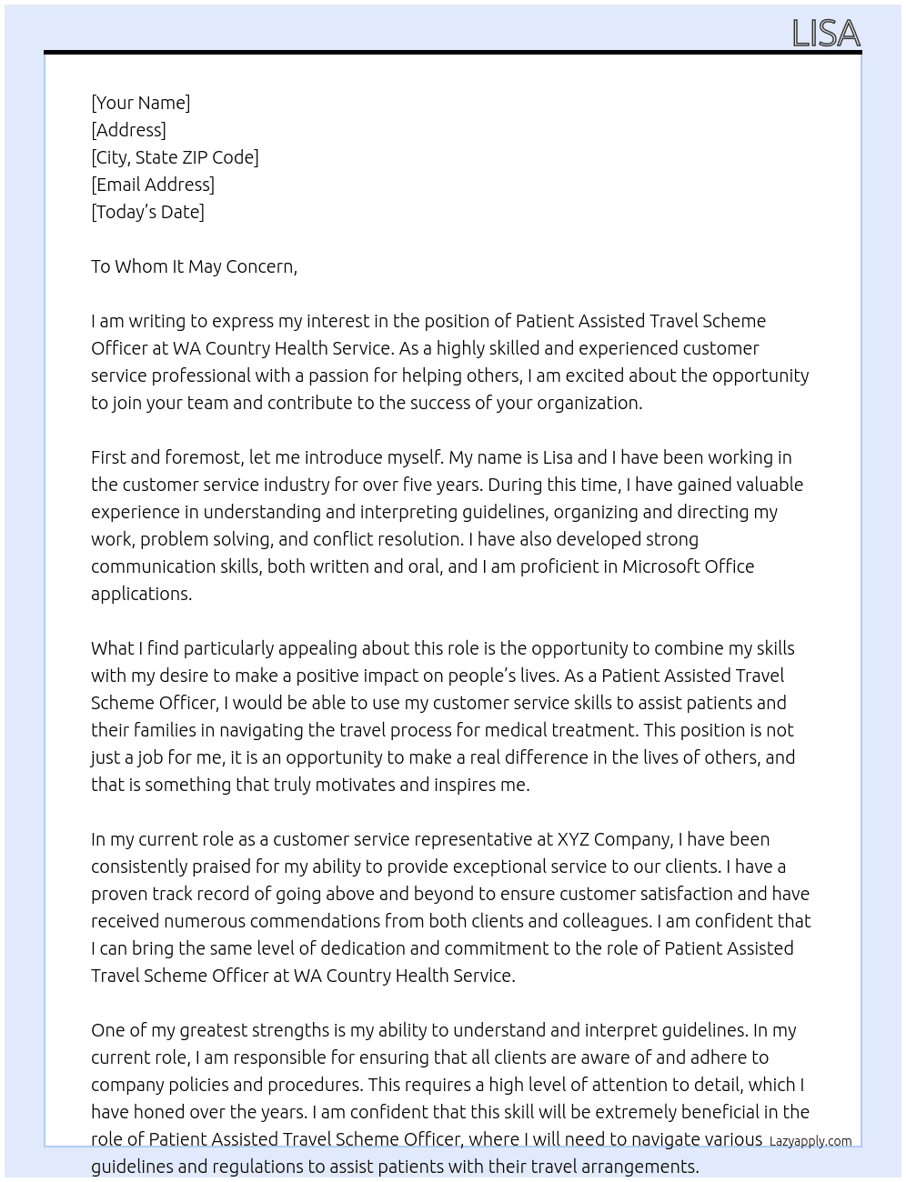 Patient Assisted Travel Scheme Officer At WA Country Health Service Cover Letter