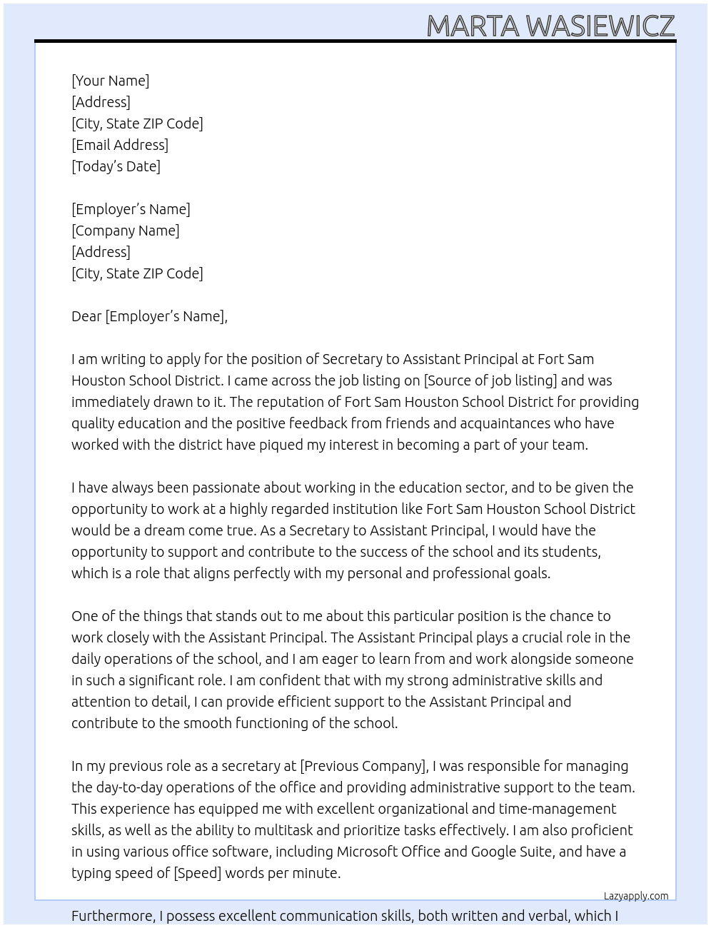 Secretary to Assistant Principal At Fort Sam Houston School District Cover Letter