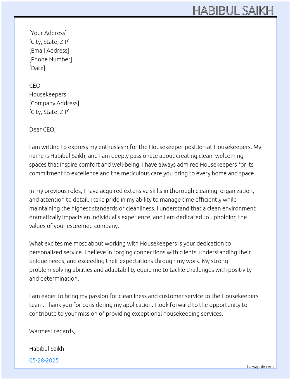 Cover letter for housekeeper's - LazyApply