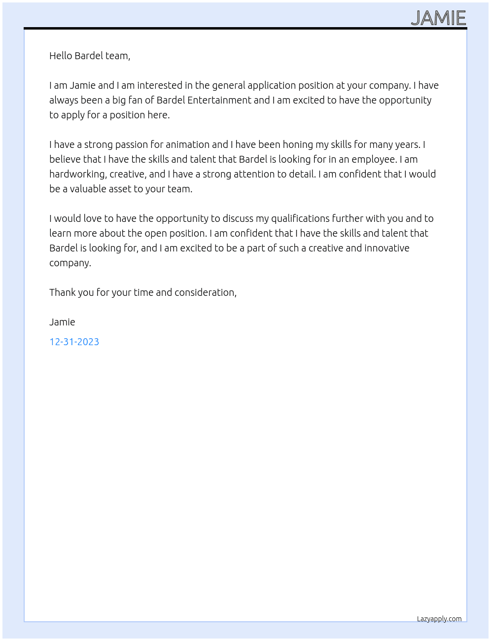 General application At Bardel Entertainment Cover Letter