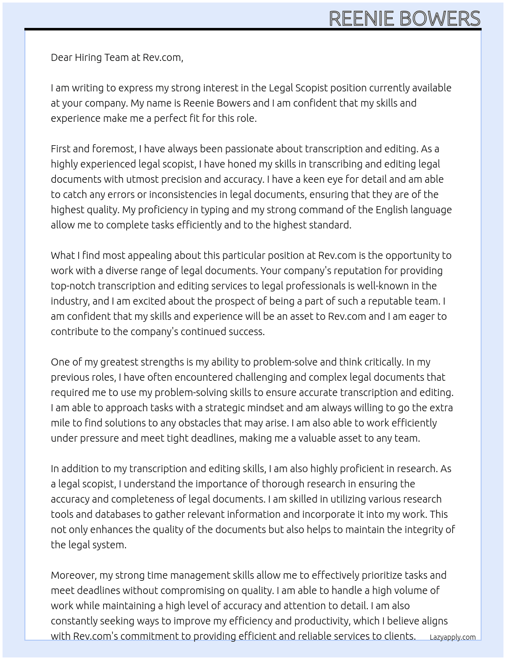 Legal Scopist At Rev.com Cover Letter