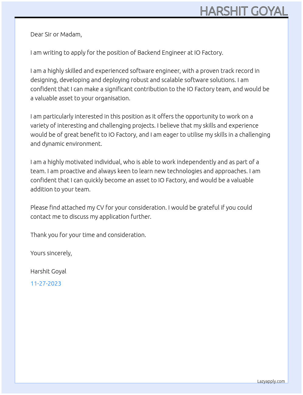 Backend Engineer At IO Factory Cover Letter