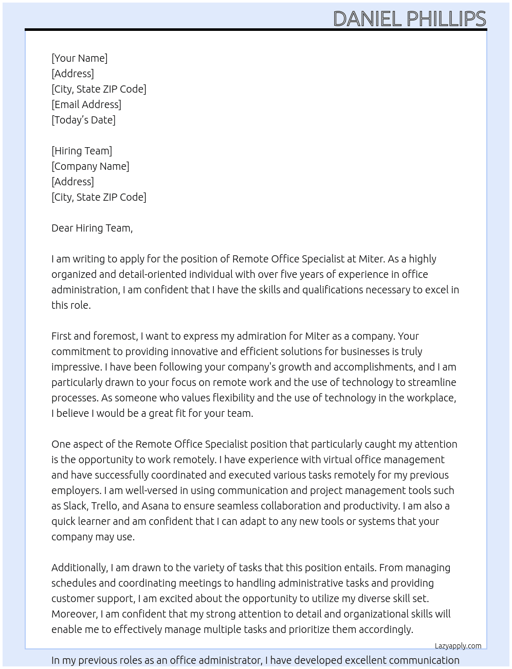 Remote Office Specialist At Miter Cover Letter