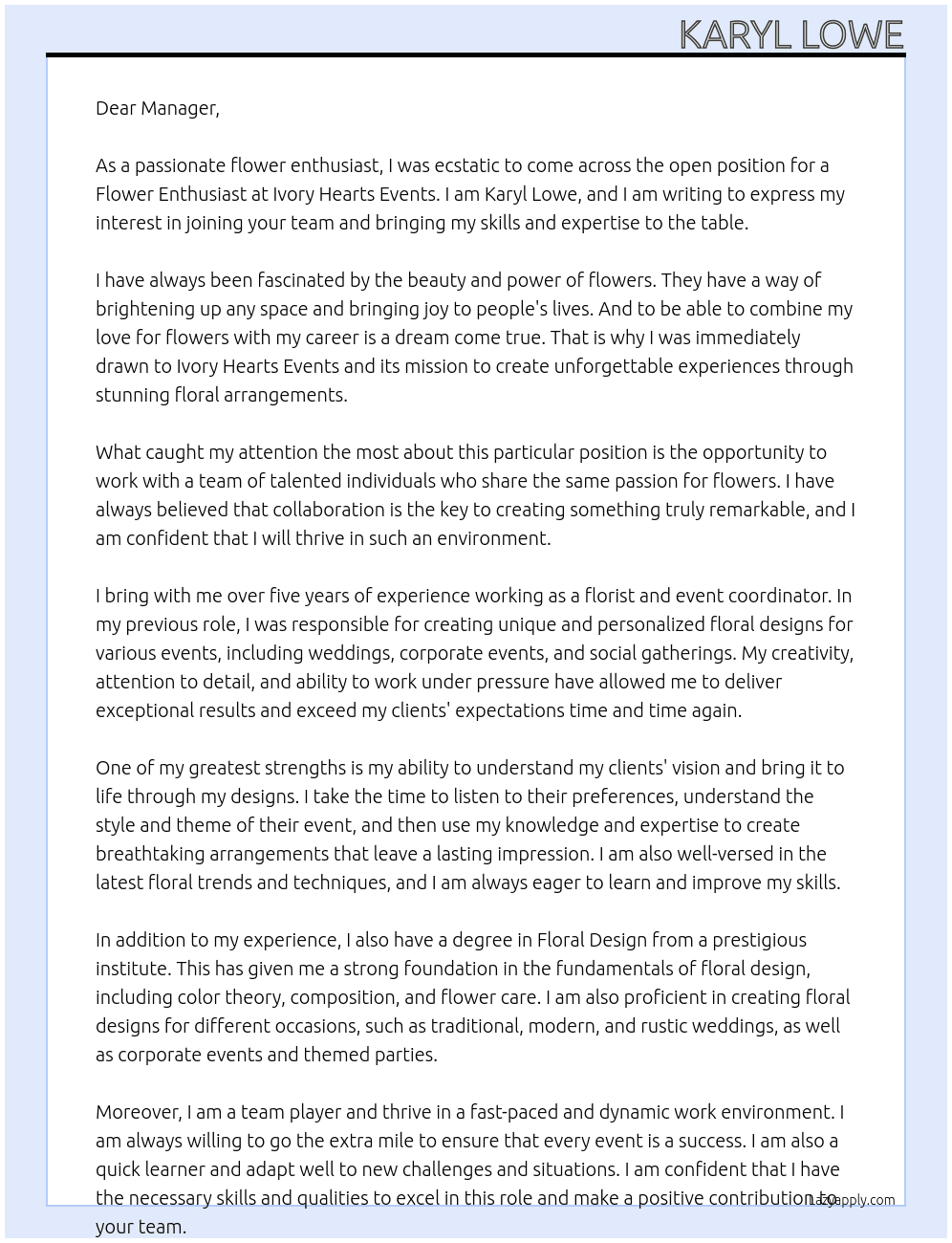 Flower Enthusiast At Ivory Hearts Events Cover Letter