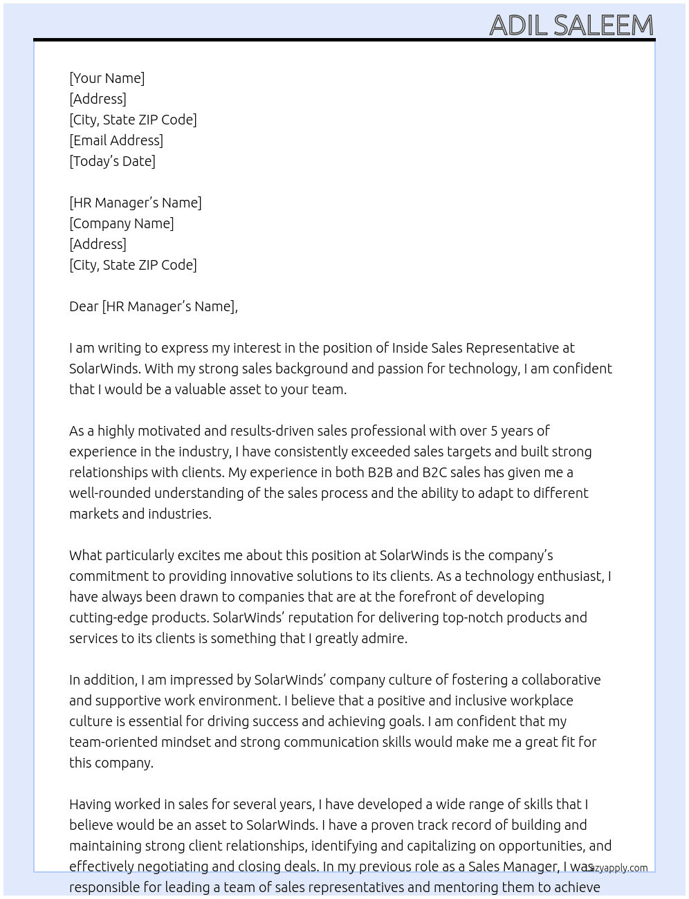 Inside Sales Representative  At SolarWinds Cover Letter