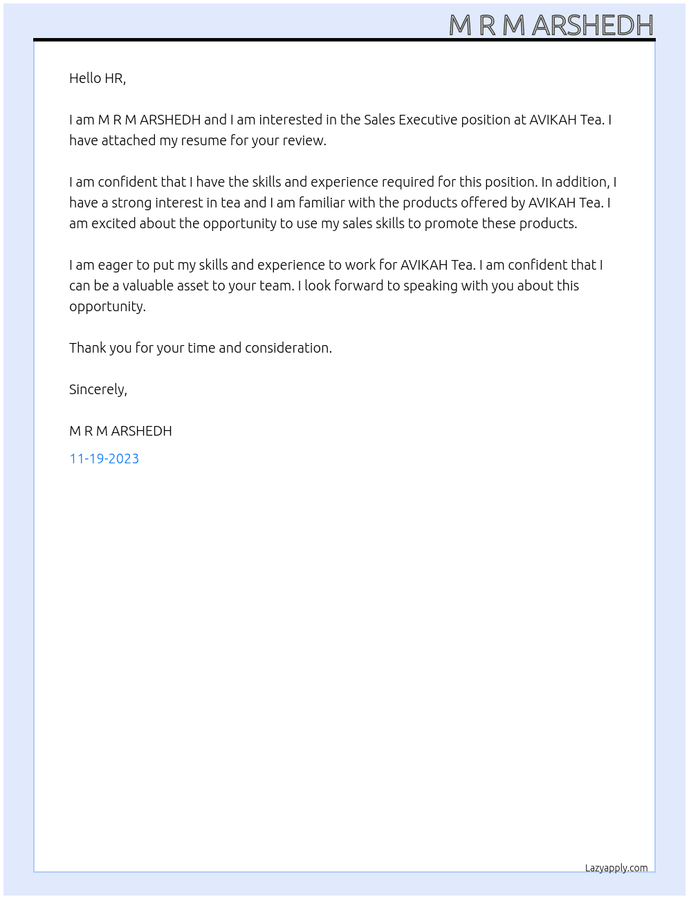 Sales Executive At AVIKAH Tea Cover Letter