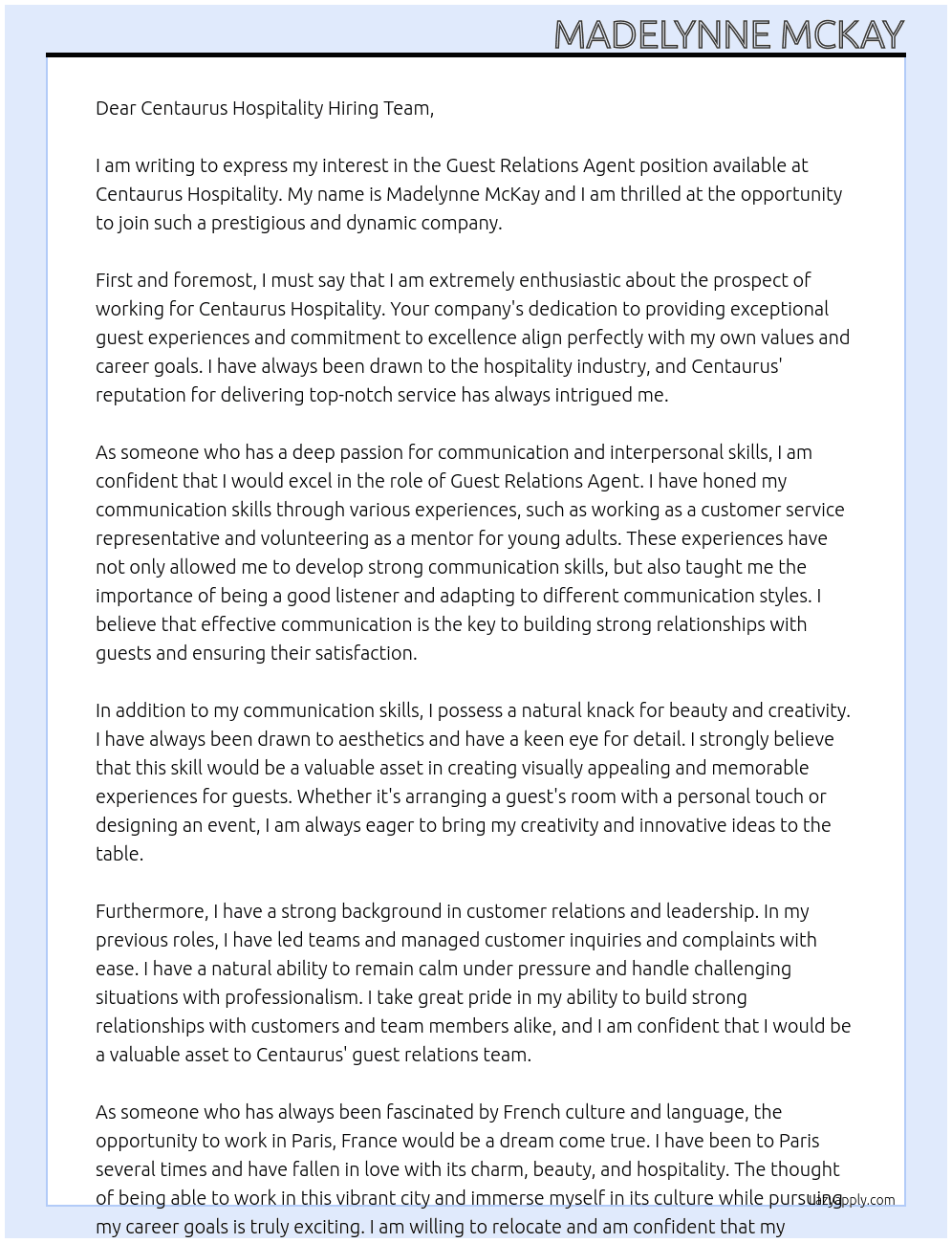 Guest Relations Agent At Centaurus Hospitality Cover Letter
