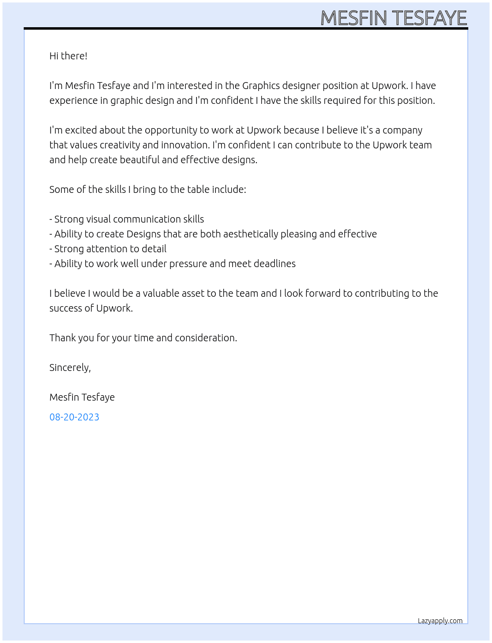 Graphics designer At Upwork Cover Letter
