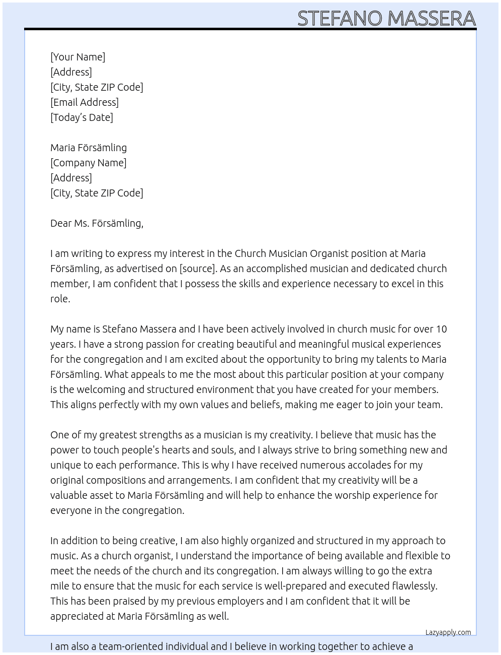 Church musician organist At Maria Försämling Cover Letter