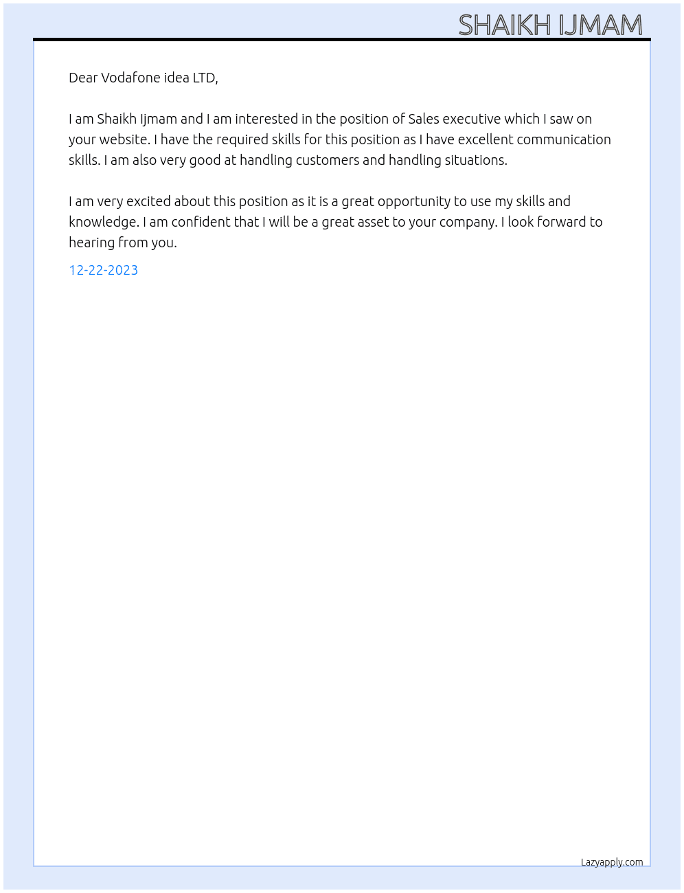 Sales executive At Vodafone idea LTD  Cover Letter
