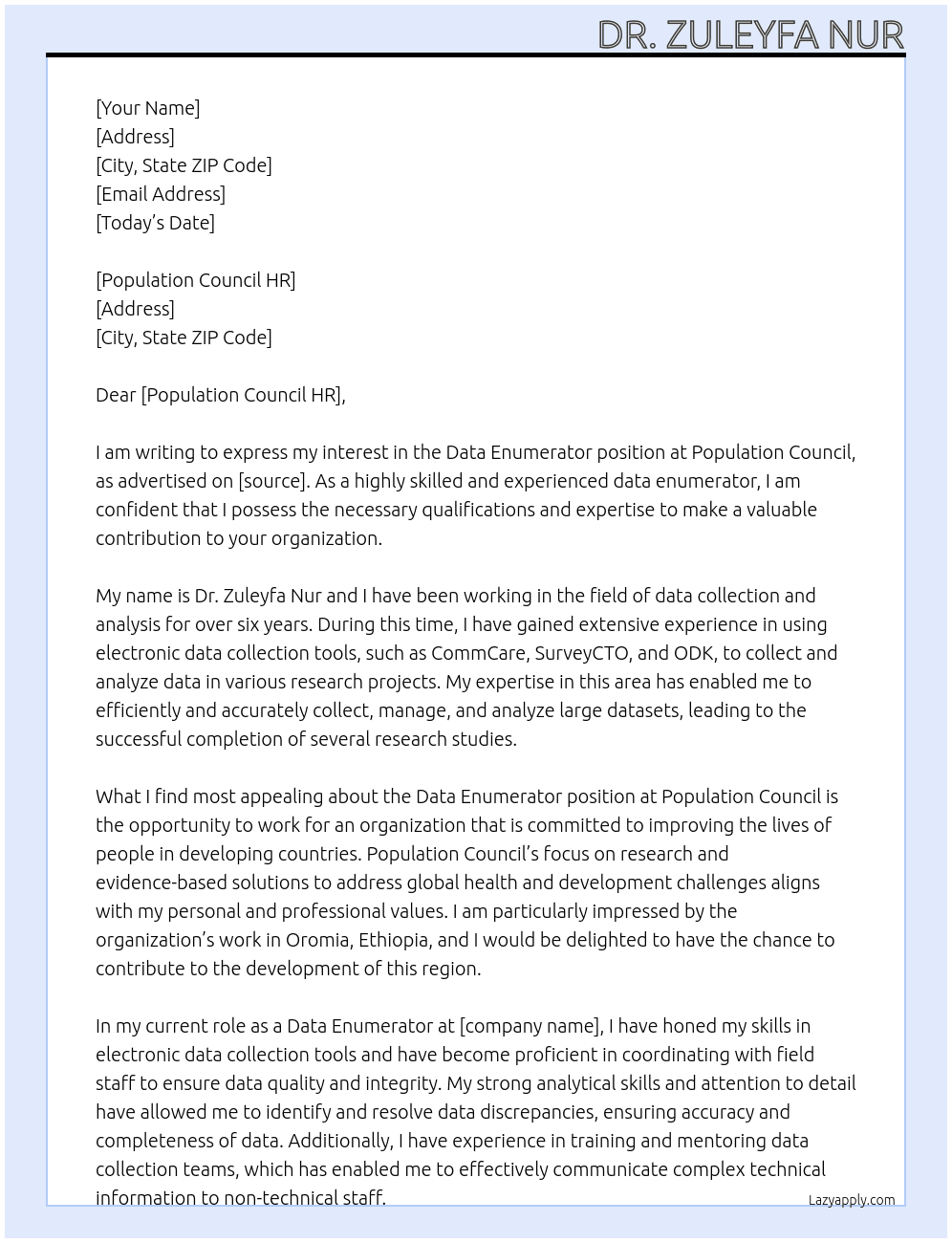 Data Enumerator  At Population Council  Cover Letter