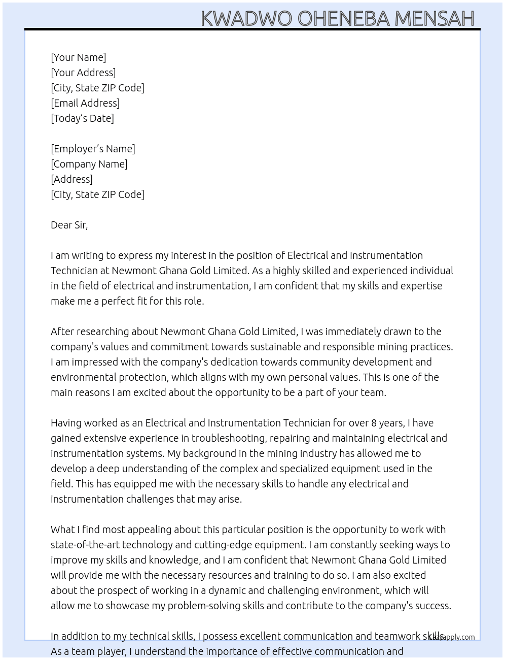 Electrical and Instrumentation Technician  At Newmont Ghana Gold Limited Cover Letter