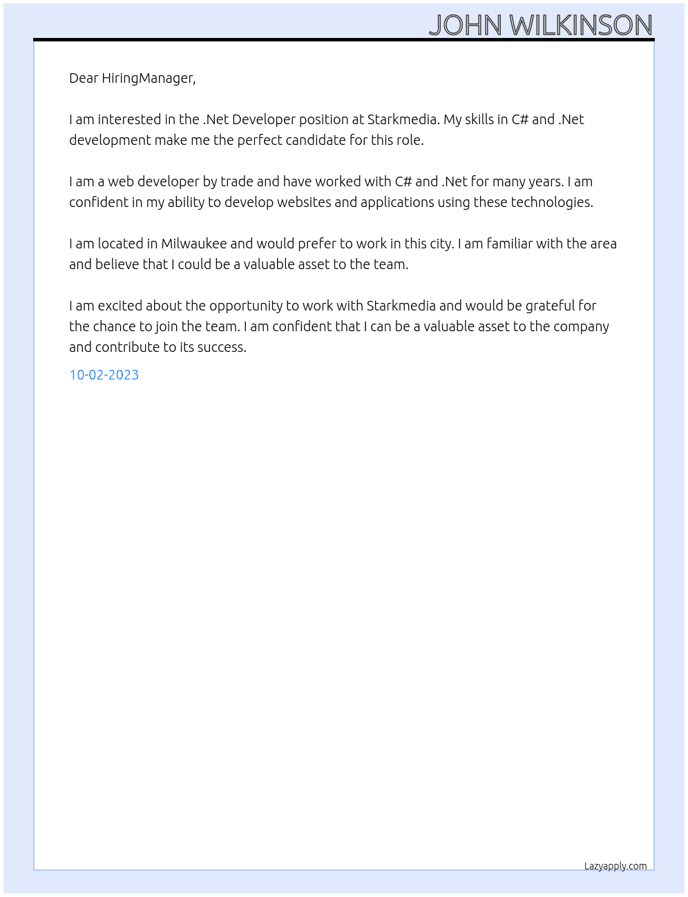 .Net Developer At Starkmedia Cover Letter