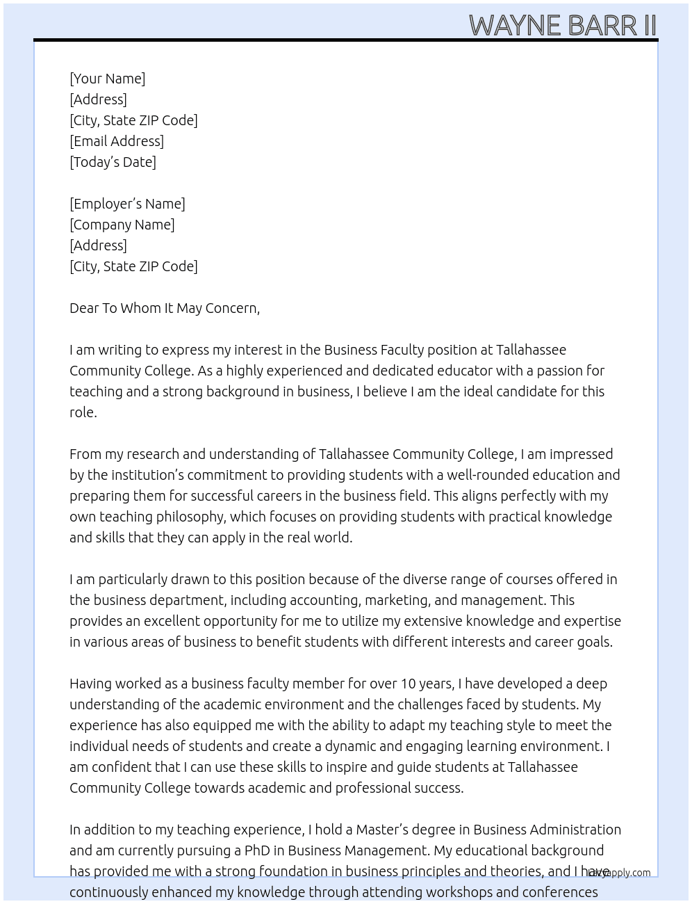 Business Faculty At Tallahassee Community College Cover Letter