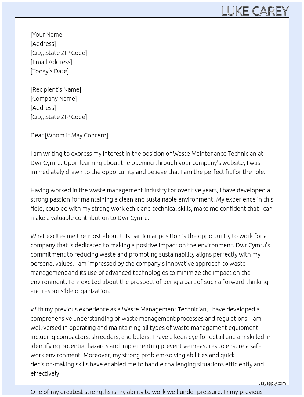 Waste maintenance technician  At Dwr cymru Cover Letter