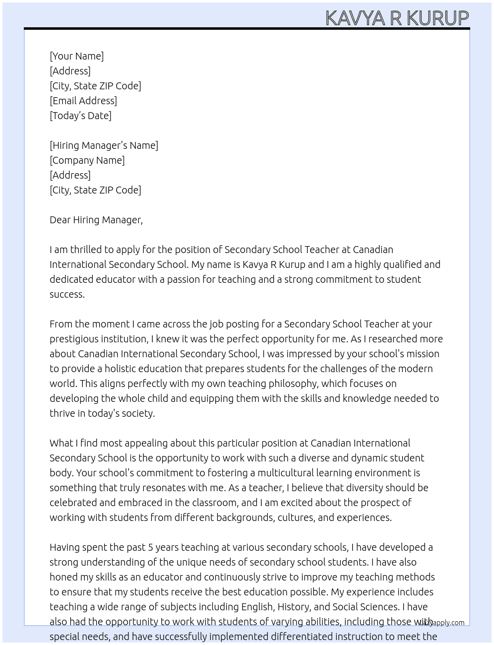 Secondary school teacher At Canadian International Secondary School Cover Letter