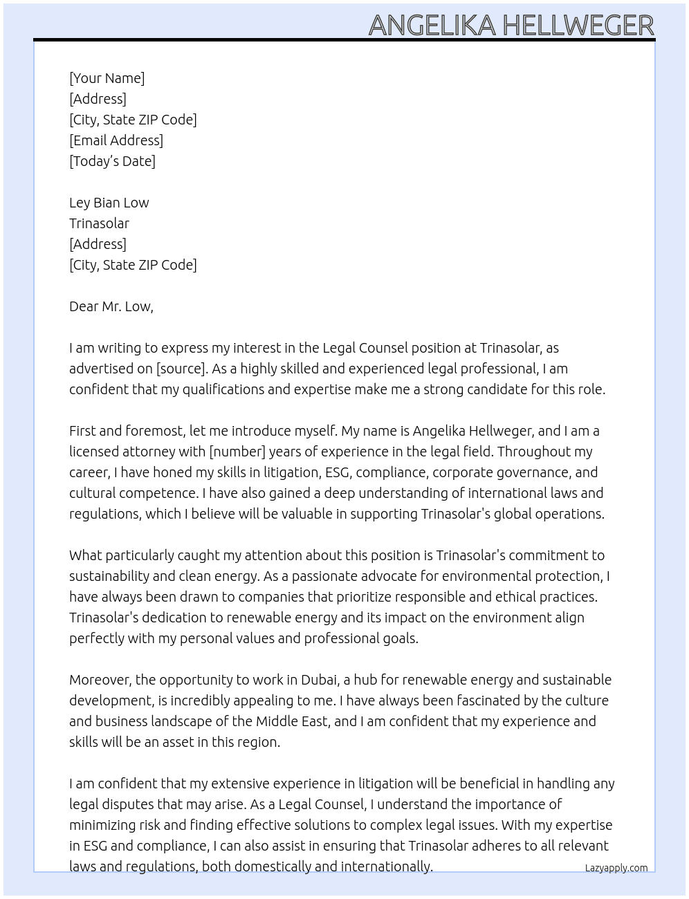Legal Counsel At Trinasolar Cover Letter