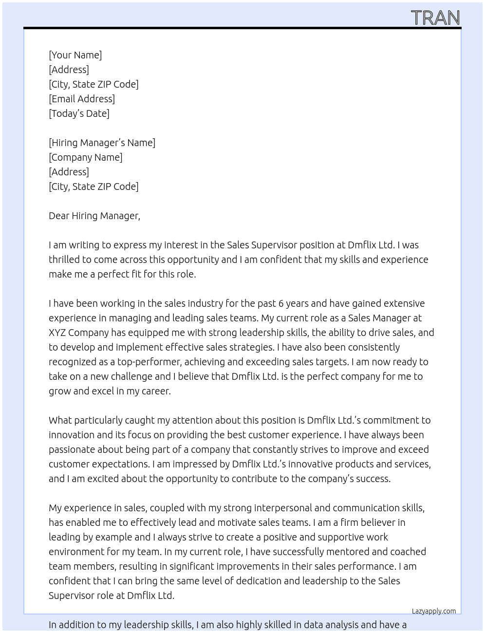 sale supervisor At Dmflix Ltd. Cover Letter