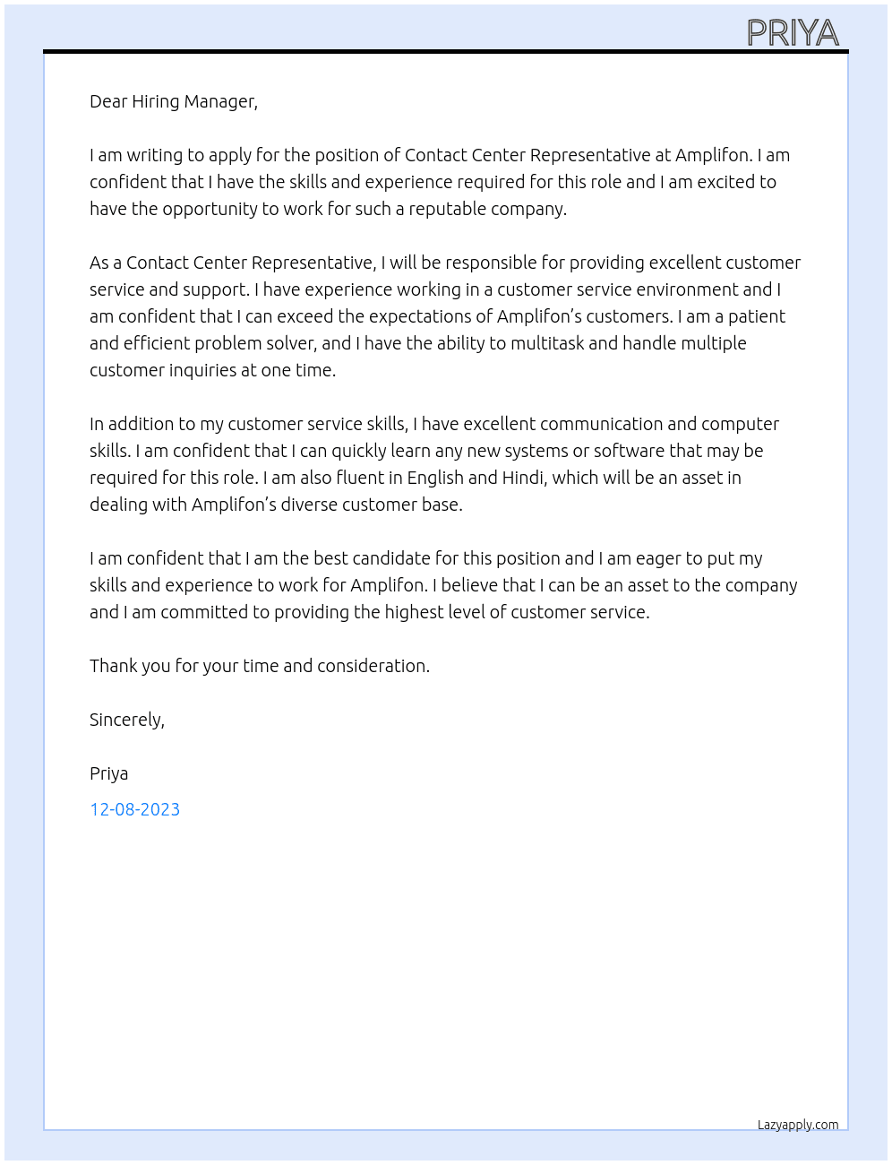 contact center representative At amplifon Cover Letter