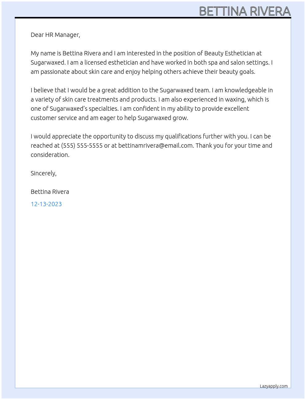 Beauty Estetician At Sugarwaxed  Cover Letter
