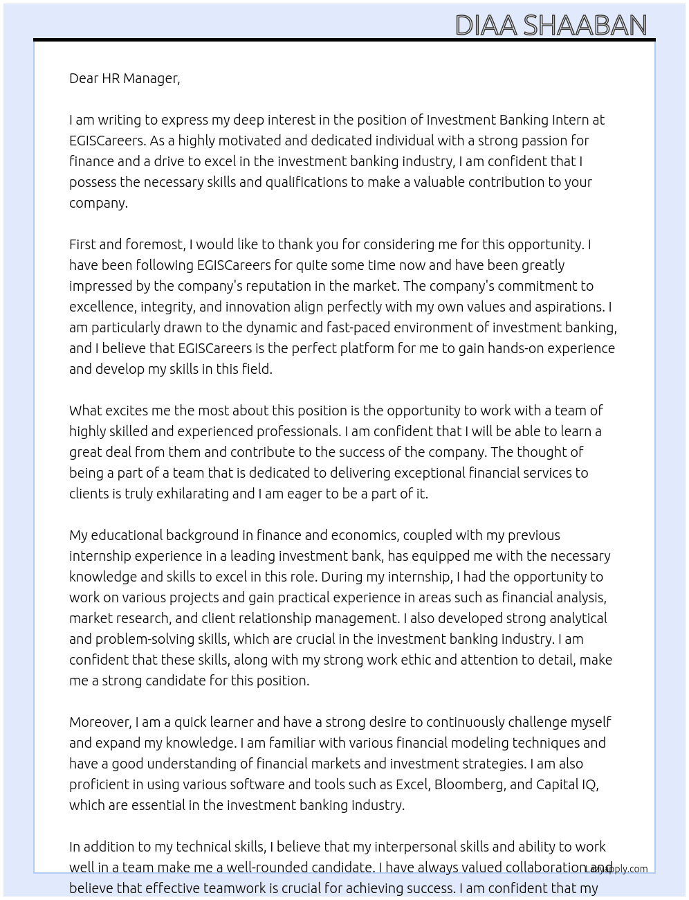 investment banking intern  At EGISCareers  Cover Letter