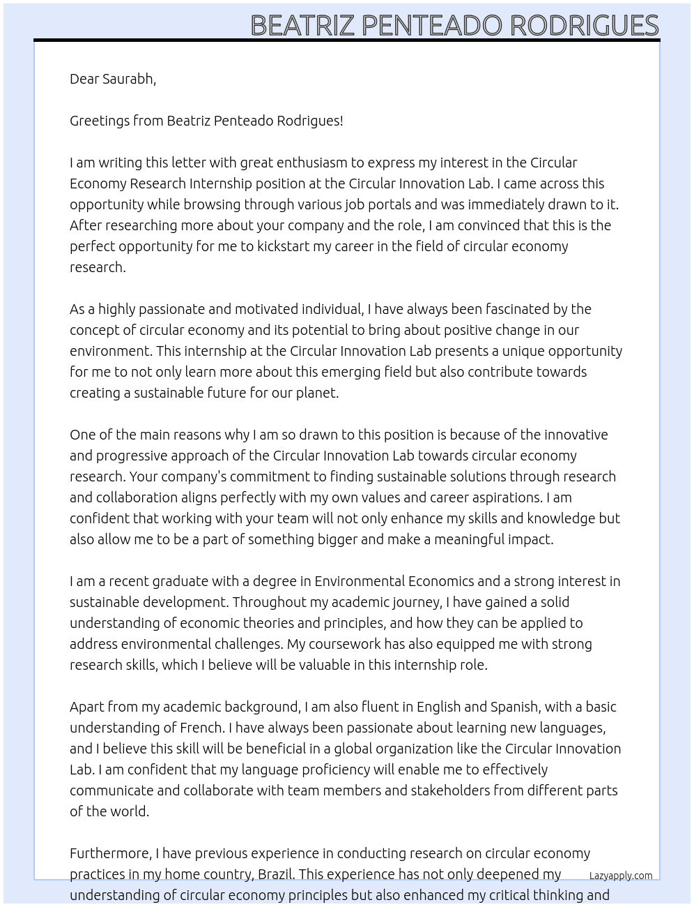 Circular Economy Research Internship At Circular Innovation Lab Cover Letter