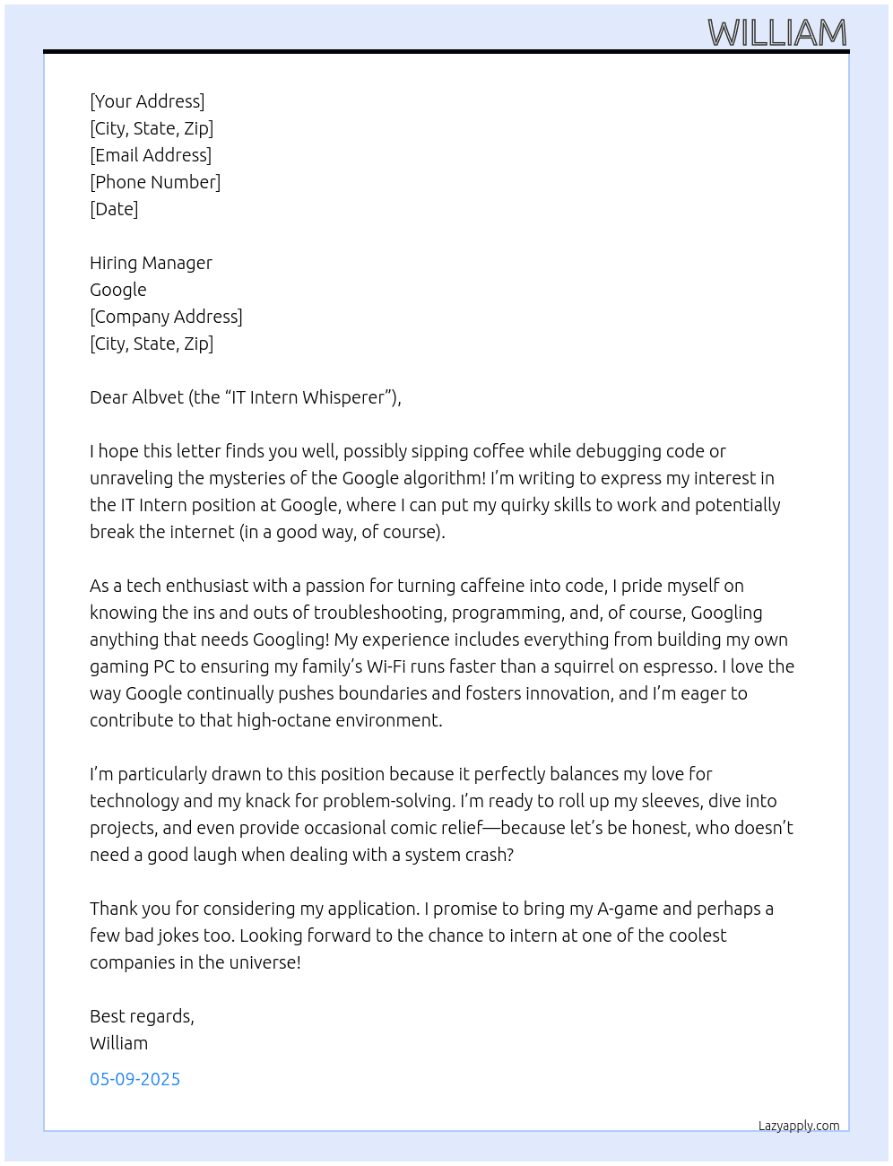 IT Intern At google Cover Letter