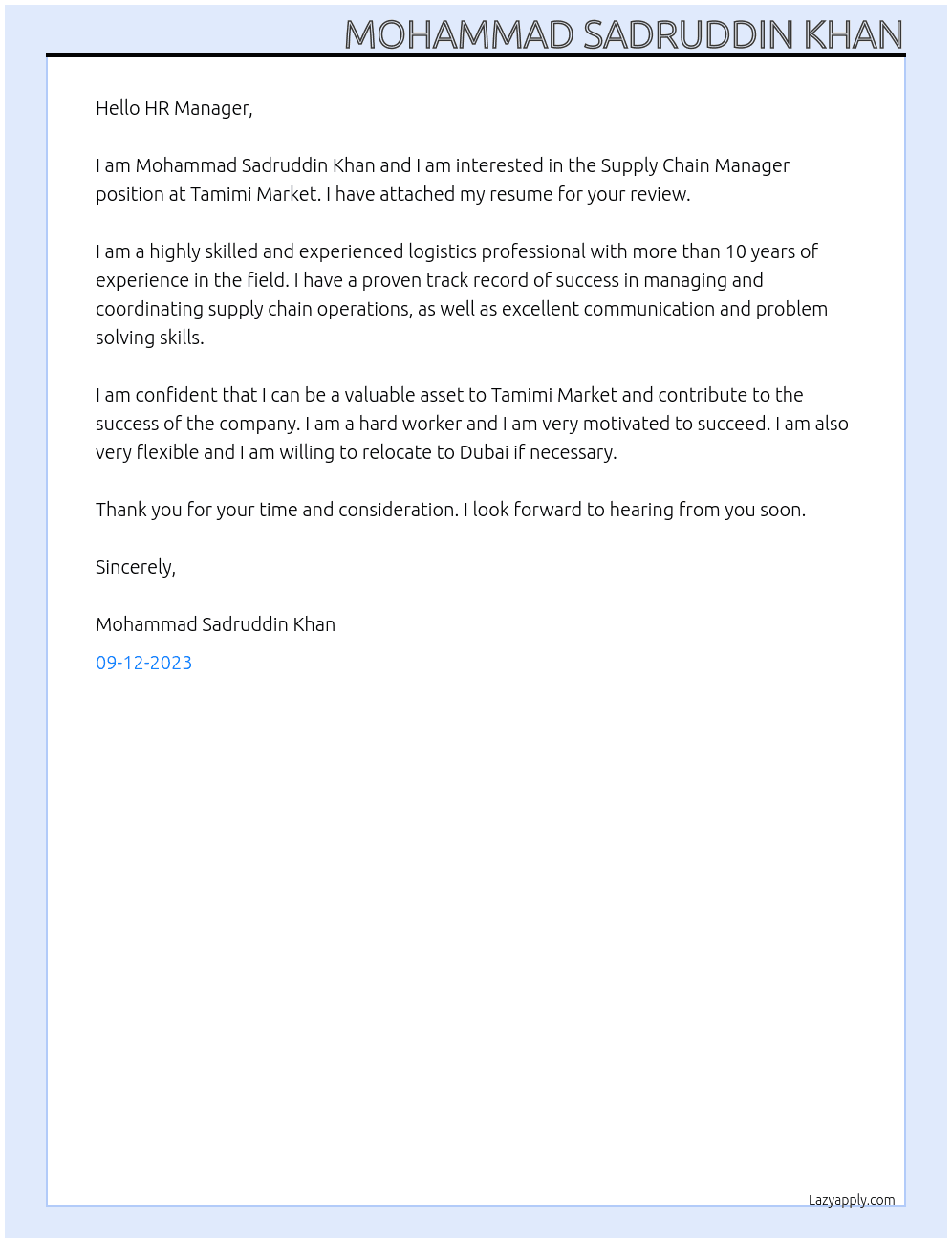 Supply Chain Manager At Tamimi Market Cover Letter