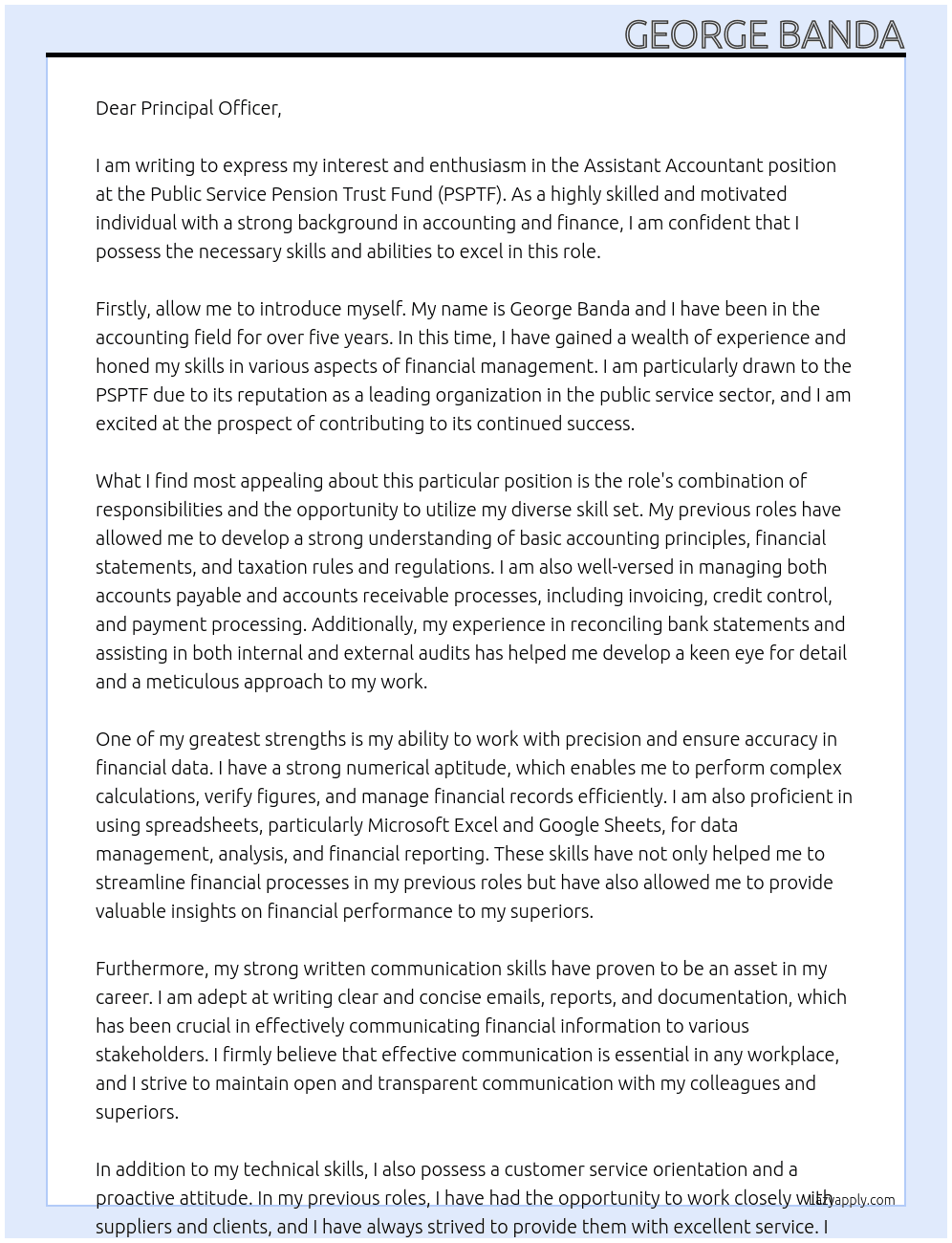 Assistant Accountant At Public Service Pension Trust Fund (PSPTF)  Cover Letter