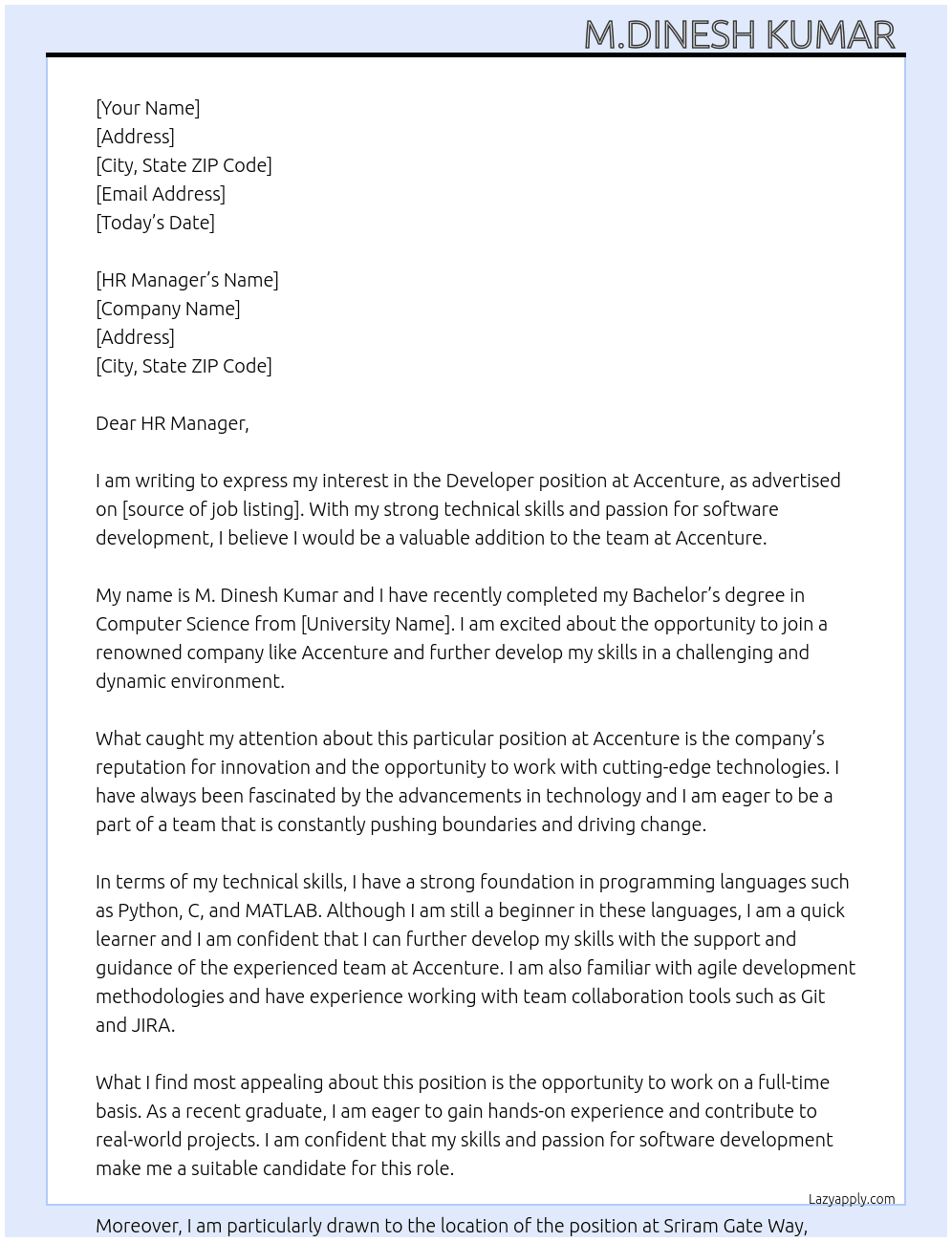 Developer  At Accenture  Cover Letter