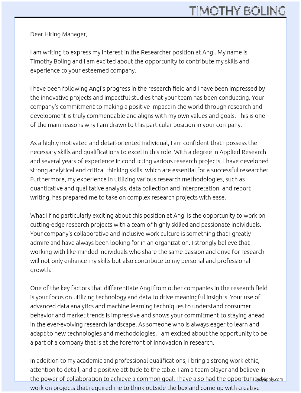 Researcher At Angi Cover Letter