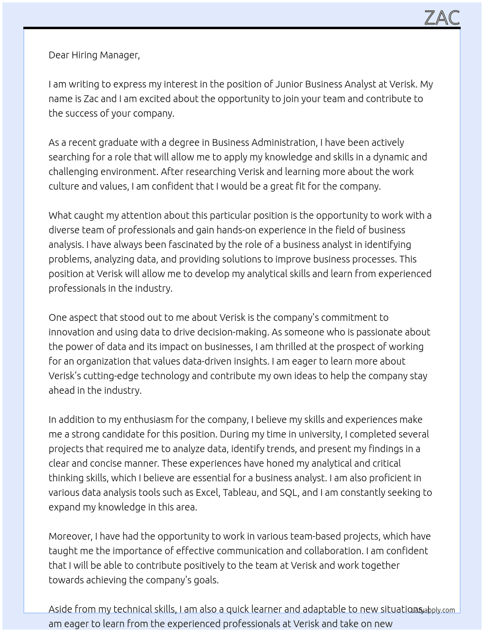 Junior business analyst At Verisk Cover Letter