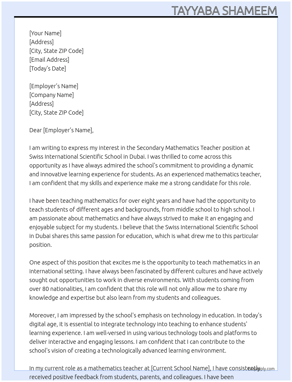Secondary Mathematics teacher At Swiss International Scientific School in Dubai Cover Letter