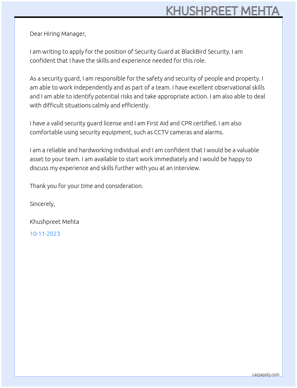Security Guard  At BlackBird Security  Cover Letter