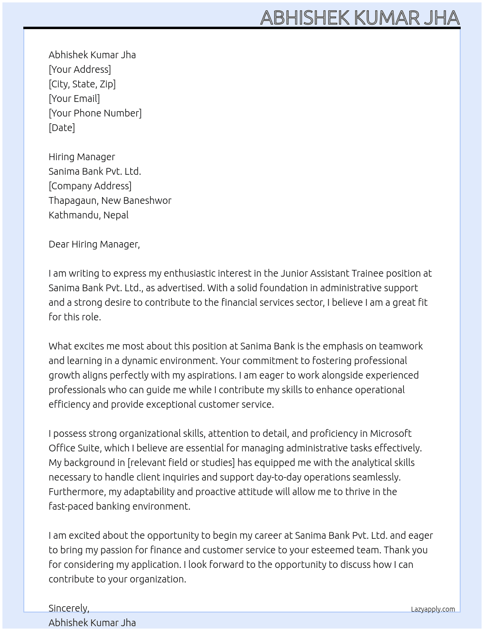 Junior Assistant Trainee At Sanima Bank Pvt. Ltd. Cover Letter