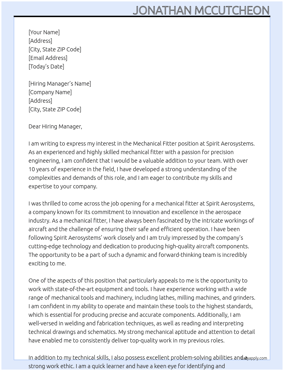 Mechanical Fitter At Spirit Aerosytems  Cover Letter