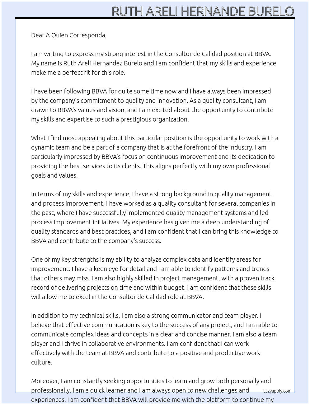 Consultor de calidad At BBVA Cover Letter