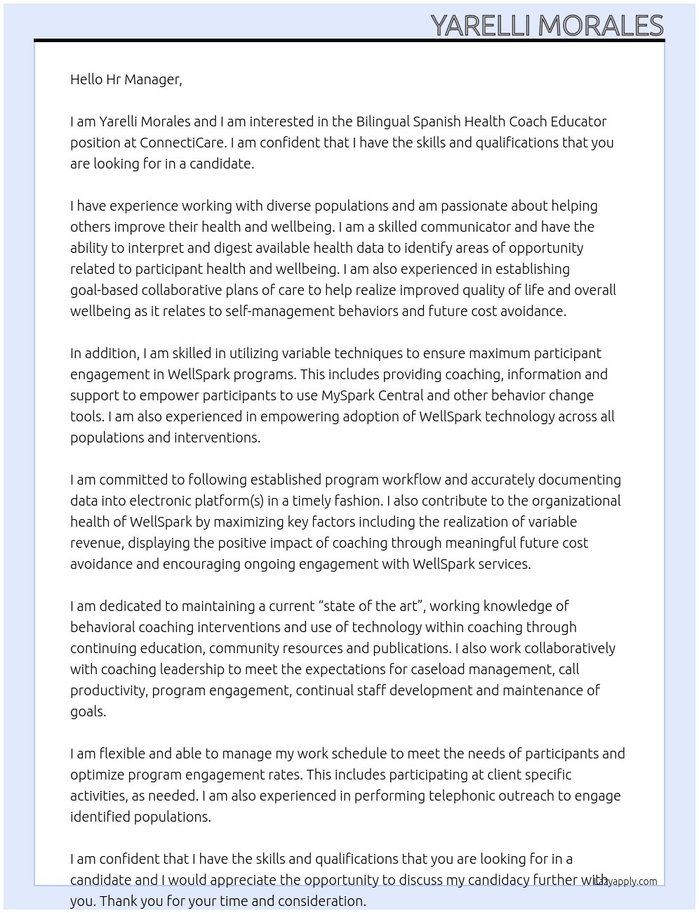 Bilingual Spanish Health Coach Educator At ConnectiCare Cover Letter
