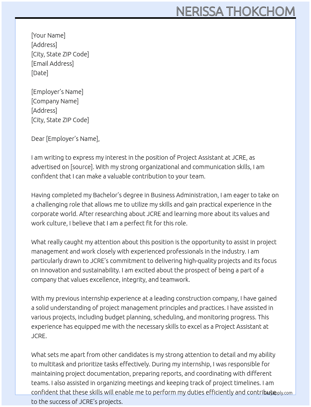 Project Assistant At JCRE  Cover Letter