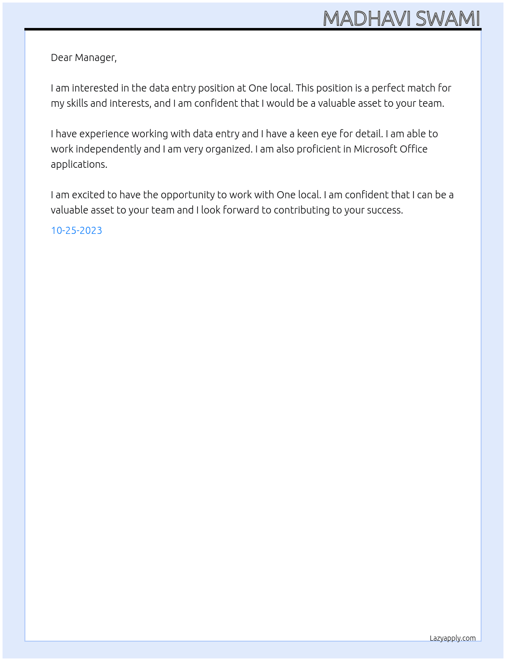 Data entry At One local Cover Letter
